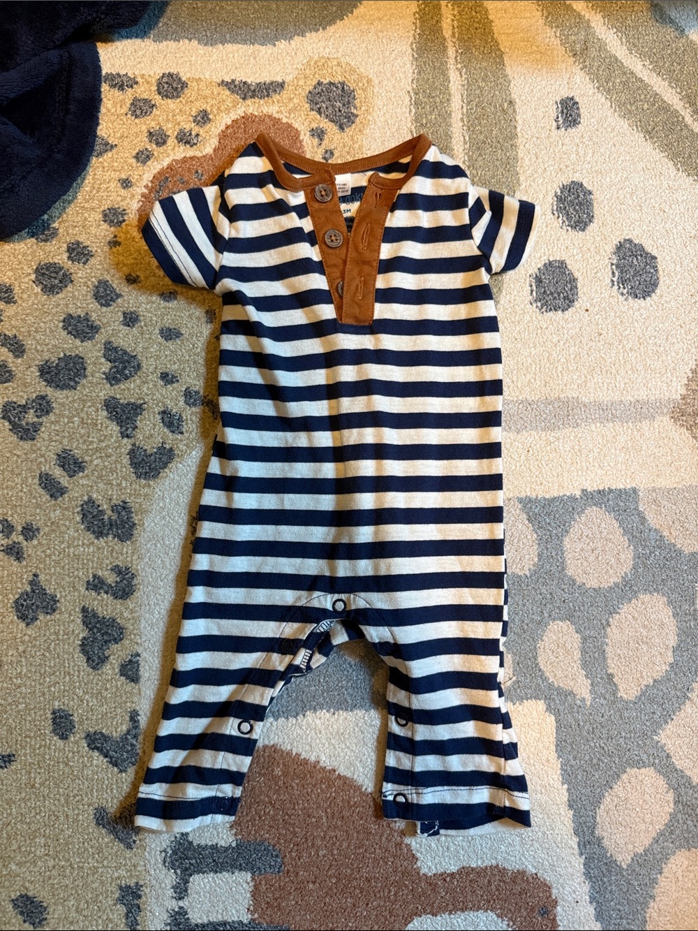 Striped Navy and White Baby One-Piece Romper with Brown Trim 3mo